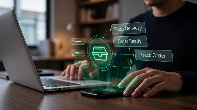 Person using food delivery app with order tracking and real-time notifications on laptop and smartphone