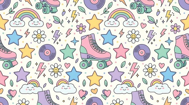 Retro roller skate and rainbow seamless pattern in pastel colors