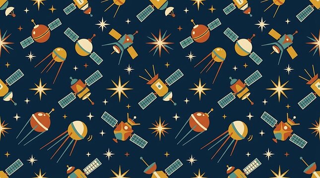 Retro seamless pattern with space satellites and stars on blue