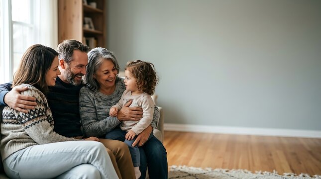 Multi-generational family laughing together on a sofa at home