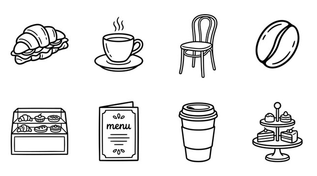 Cafe Icons: Coffee, Croissant, Pastries, Chair, Menu, Display Case, Beans