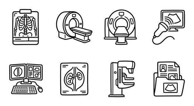 Medical Imaging Equipment Icons: MRI, CT, Ultrasound, X-ray, Mammography, and Monitor