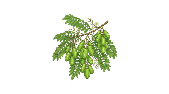 A detailed botanical illustration of a bilimbi branch with fresh green fruits and leaves.