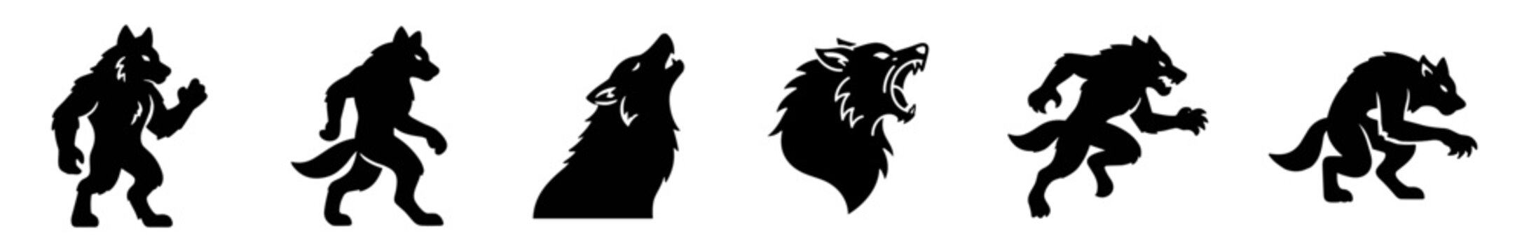 Set of black silhouettes of werewolves and wolves in various poses and actions on a white background on transparent background