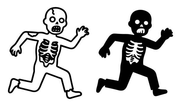Silhouettes of two running skeletons in black and white spooky style illustrations on transparent background