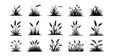 Grass icons featuring black silhouette plants, wild meadow foliage, and botanical nature elements isolated on white background with clean minimalist vector graphics for landscaping, gardening, logos,  © MD. ARIF ISLAM