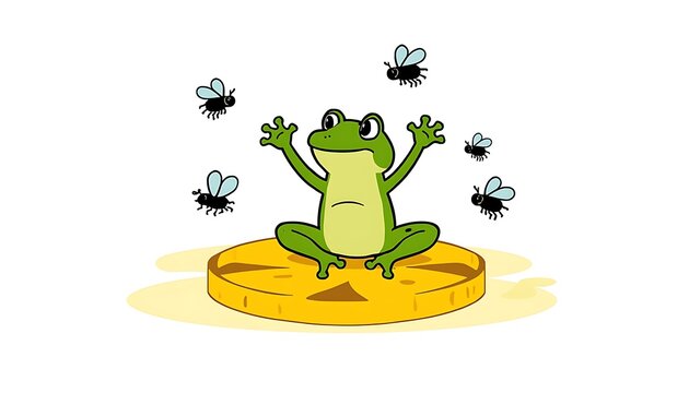 A cheerful cartoon frog sitting on a lily pad surrounded by flying cartoon flies in a whimsical and playful illustration