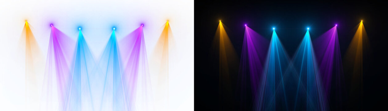 Spotlight beams orange purple blue lighting shining on concert stage on transparent background. VFX design, theatre stage poster, party, music event.
