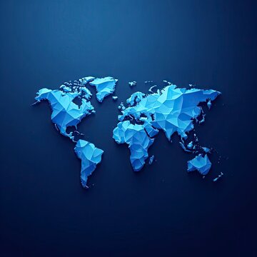 Three dimensional world map created with blue low poly mesh surface isolated on dark blue background for modern layout.
