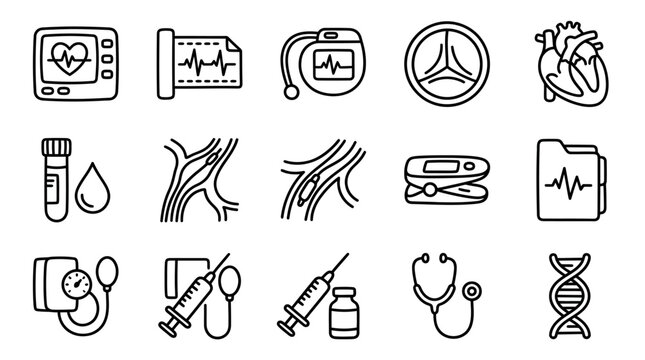 Medical Icons: Heartbeat Monitor, ECG, Pacemaker, Heart, Blood Test, Veins, Syringe, DNA
