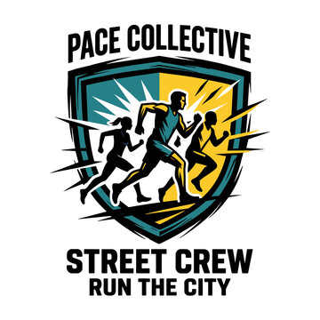 Graphic emblem logo design featuring a group of runners in a shield for a street running club.