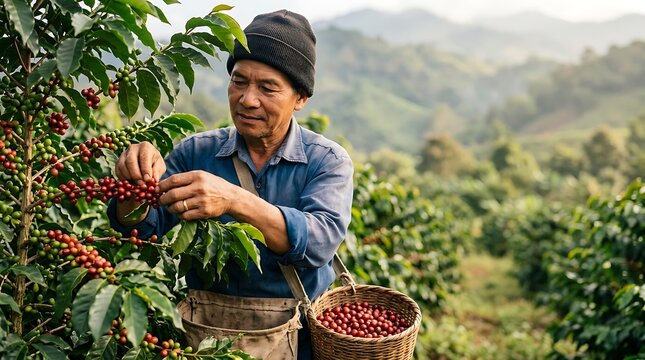 Asian farmer harvesting ripe coffee cherries in a lush plantation