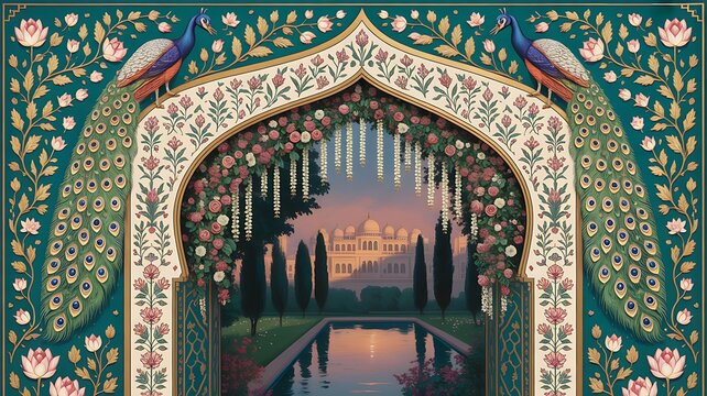 Traditional Mughal in garden, swan, bird vector illustration seamless pattern for wallpaper