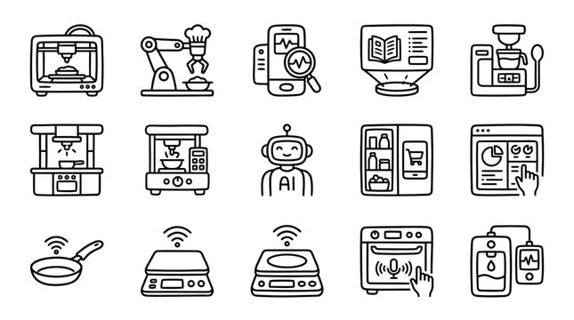 Smart Kitchen Technology Icons: AI, Robotics, IoT Appliances & Mobile Control