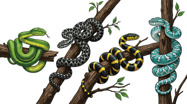 Snakes on tree branches collection vector illustration isolated on white background for wildlife nature design