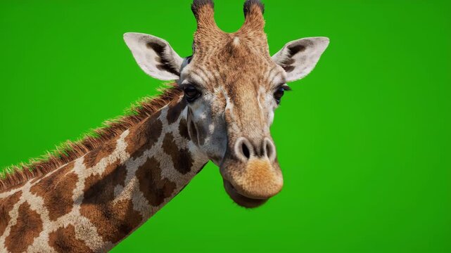 Realistic 3D animation of a giraffe slowly turning its long neck and looking towards the camera against a bright green background