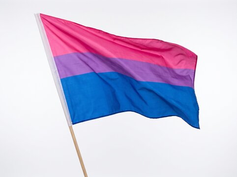 Bisexual flag flowing in the air on a stick isolated on white