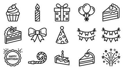 Fototapeta premium Birthday Party Icons: Cake, Balloons, Gift Box, Candle, Hat, Bunting, Fireworks