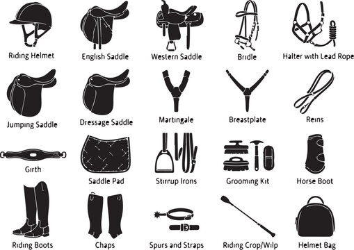 Horse Tack and Equestrian Equipment Silhouette Icon Collection