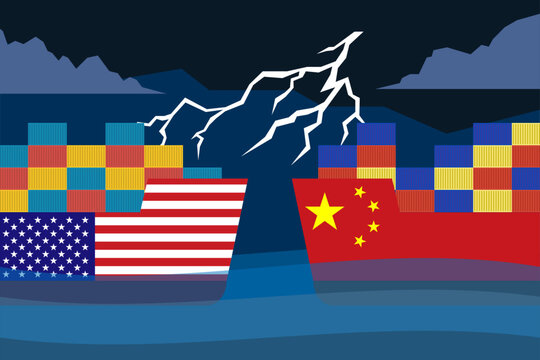 USA and China cargo container ships trade war concept vector illustration with lightning on dark background