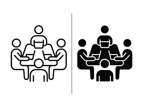 Business Meeting Team Collaboration Outline and Filled Vector Icon Set Isolated on White Background