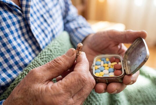 Senior person holding medication capsule and vintage pillbox
