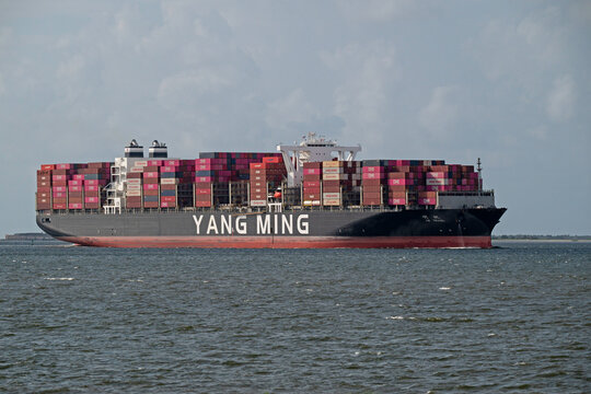 Yang Ming's Neo-Panamax-class container ship YM Travel sails into Charleston Harbor, SC, USA, on July 22, 2026.