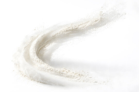 Dynamic White Powder Splash Swirl Motion Frozen in Air on Clean Isolated Background