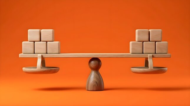 Minimalist wooden scale balancing cubes on orange background.