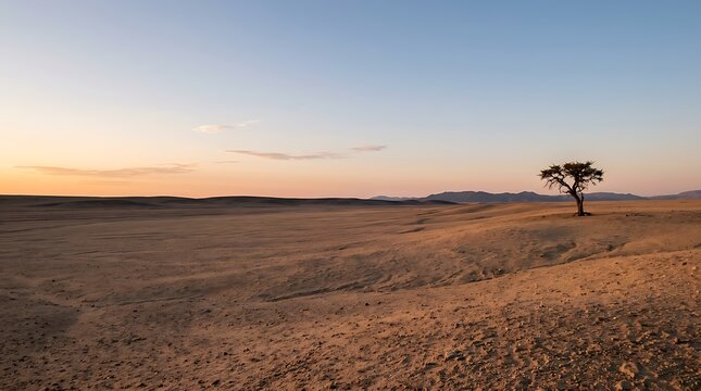 Lone tree standing in a vast desert landscape at sunset