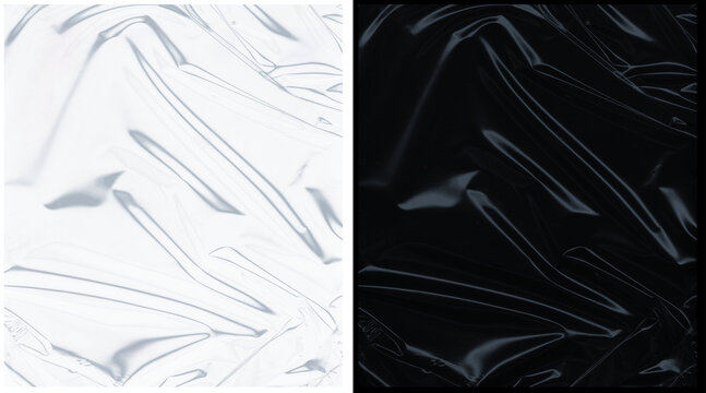 Crumpled plastic wrap texture set, transparent cellophane overlay on black and white backgrounds, 2 realistic cling film PNG assets