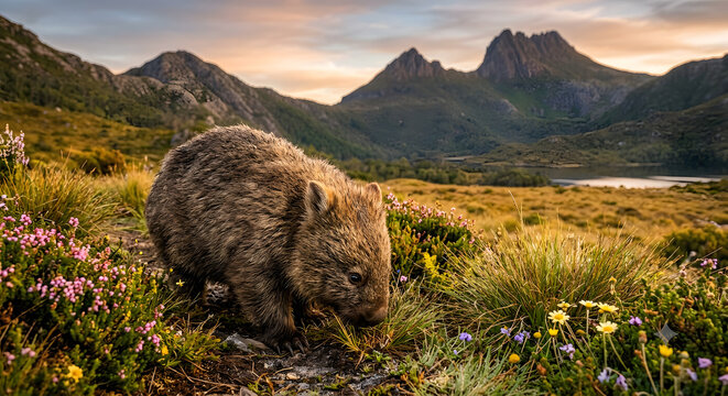 A wild wombat grazing in the golden alpine meadows of Cradle Mountain, Tasmania, surrounded by native button grass and colorful wildflowers, towering dolerite peaks in the background