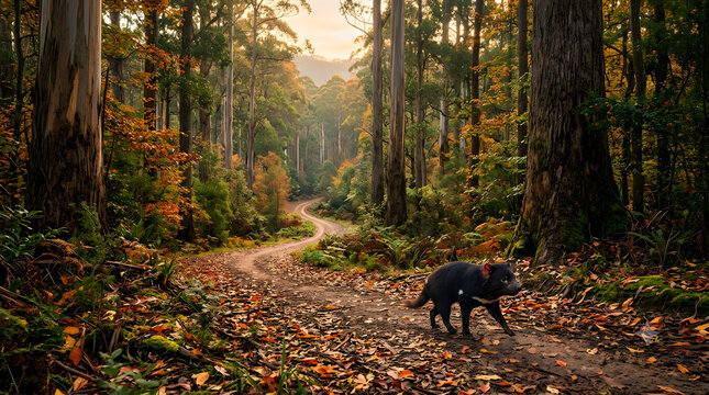 A Tasmanian devil walking along a winding forest trail in a Tasmanian sanctuary during autumn, colorful fallen leaves, towering eucalyptus trees, warm golden-hour sunlight, wide-angle