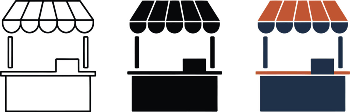 Market stall icons featuring line art and flat vector illustrations for farmers markets, retail shops, food vendors, and street commerce.