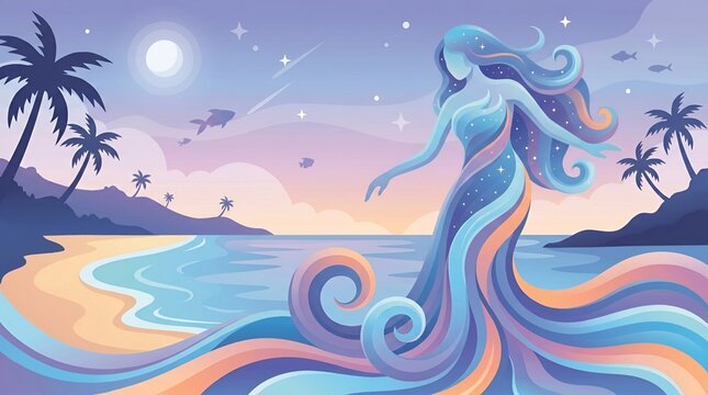 Vector Illustration of a Fantasy Sea Goddess Made of Waves on a Tropical Beach at Night