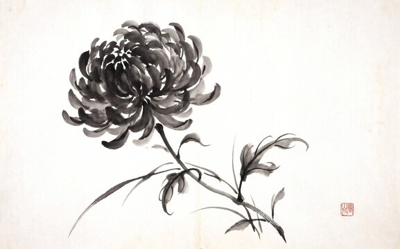 Traditional Chinese Ink Wash Painting Chrysanthemum