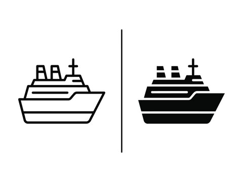 Cruise Ship Outline and Filled Vector Icon Set Isolated on White Background