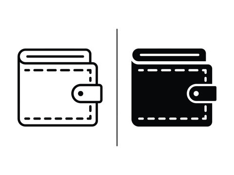 Leather Wallet Outline and Filled Vector Icon Set Isolated on White Background