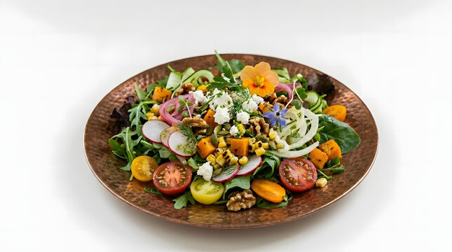 Fresh vibrant salad with colorful vegetables nuts cheese and edible flowers served transparent background