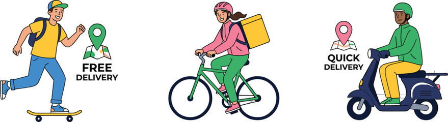 Delivery couriers character set riding skateboard bicycle scooter vector illustration isolated on white background for logistics © MSTSABINA