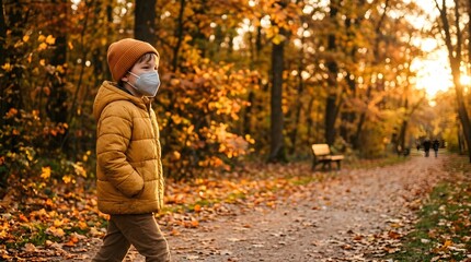 Obraz premium Little Boy Wearing Face Mask and Yellow Jacket Walking Alone in Autumn Forest Park Path at Sunset