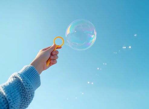 Close up of childs hand holding bubble wand blowing multiple iridescent bubbles against clear blue sky
