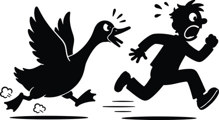 Scared boy running from an angry goose in a funny cartoon chase illustration with playful humor © MohammadSakhawat