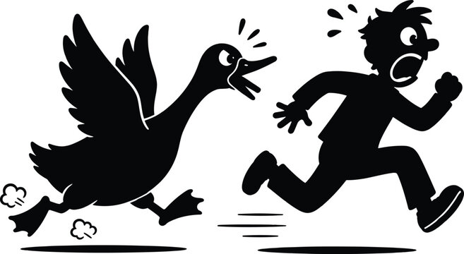 Scared boy running from an angry goose in a funny cartoon chase illustration with playful humor