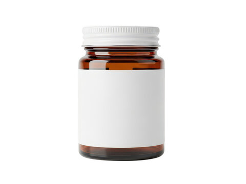 Small brown glass pill bottle with white cap and blank label isolated on transparent background