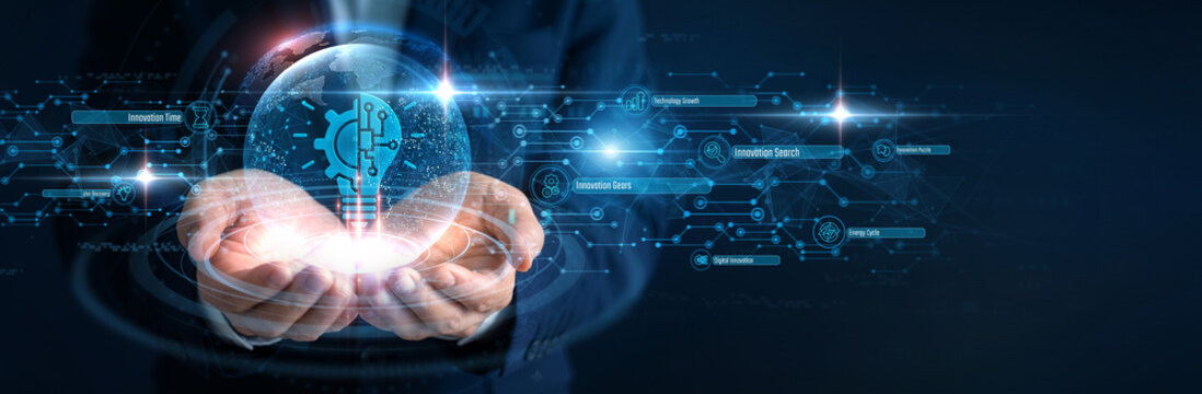 Tech Director Hand hold Innovation Technology and global networking, modern scientific research ecosystem, advanced digital transformation strategy, creative future concept development