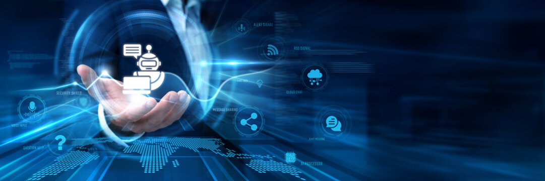Businessman Hand Hold Chatbots and global customer data networking. Ai virtual assistant, automated chat support, machine learning communication, digital interface