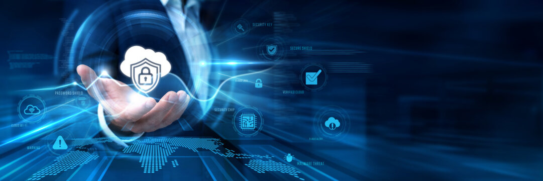 Businessman Hand Hold Cloud Security and global cyber data networking. Network privacy protection, digital database safety, firewall encryption system, information defense