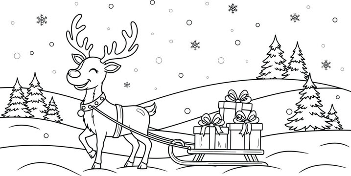 Hand drawn sketch of a reindeer pulling a sleigh through a snowy winter landscape at night
