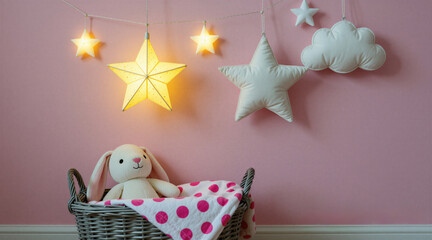 Obraz premium Cute bunny toy sits in woven basket against pink nursery wall. Glowing star shaped lamps hang above polka dot blanket. Interior design features cozy baby bedroom with soft lighting, dream decor,